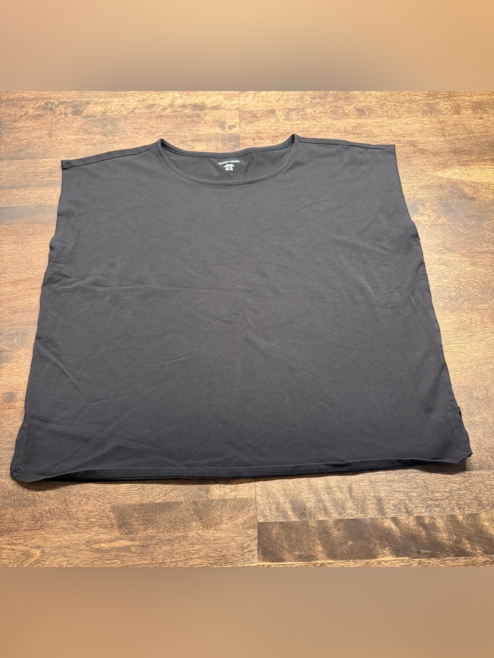 Eileen Fisher Black Organic Cotten Cap Sleeve Crewneck Tee Lagenlook